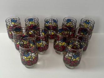 Vintage Libby Mosaic Floral Stained Glass Juice Tumblers - 11 Glasses