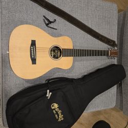 Martin LX1 Little Martin Acoustic Guitar, Martin Leather/Suede Strap, Martin Gig Bag, Capo - Great Condition