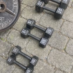 Set Of Steel Hex Dumbbells 10’s 15’s And 20’s