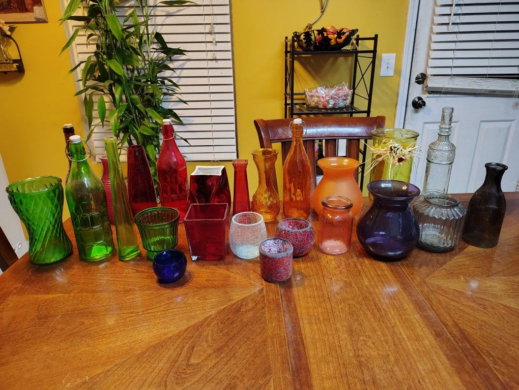 Assorted Colored Glass Vases, Bottles, Candle Holders