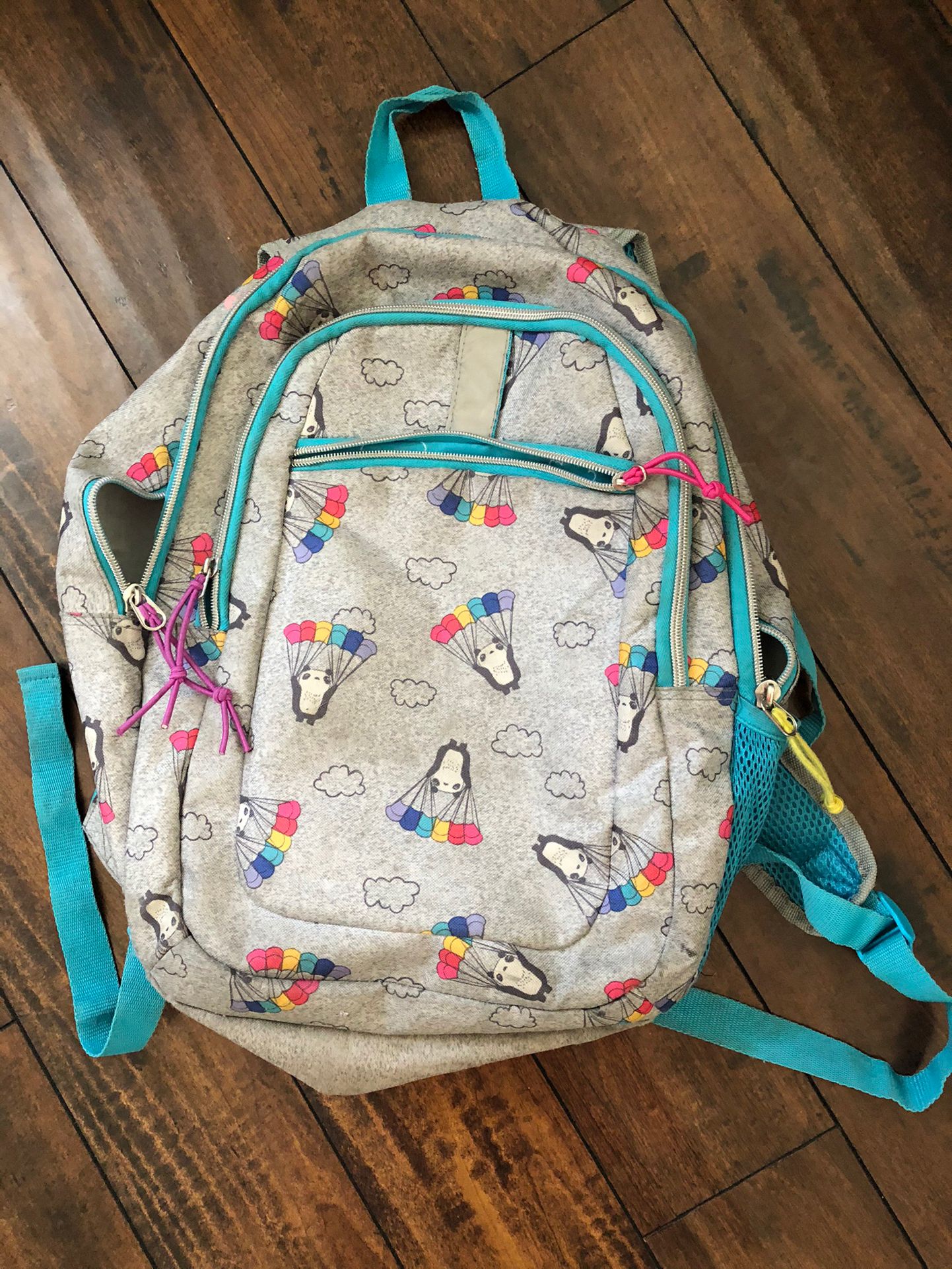 girls school backpack floating pandas with balloons gray and blue