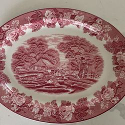 Enoch Woods English Scenery Pink/Red Transferware Platter Oval 14X11 Woods and Son England. 