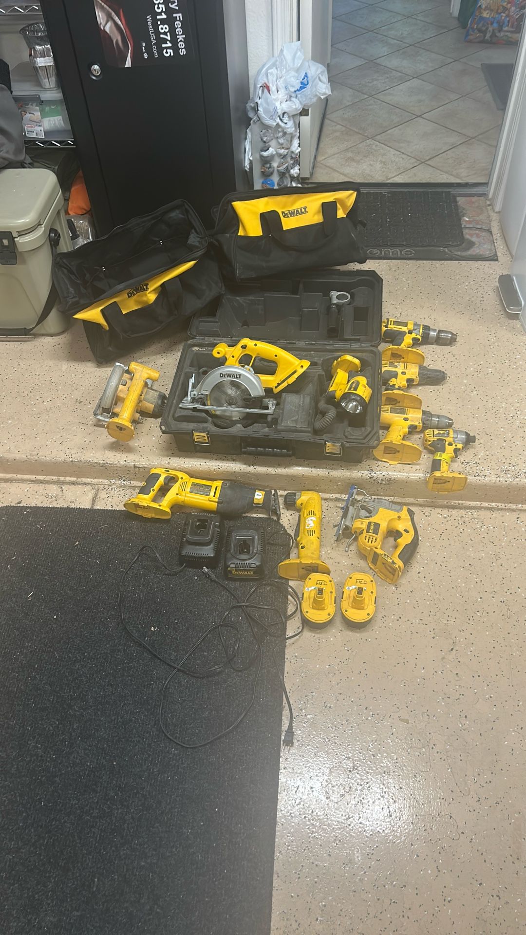 10 Tool DeWalt Tool With Batteries, Chargers And Cases.