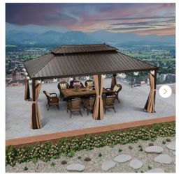 12 ft. x 20 ft. Bronze Patio Outdoor Gazebo for Backyard Hardtop Aluminum Frame, Hooks Netting, Khaki Curtain