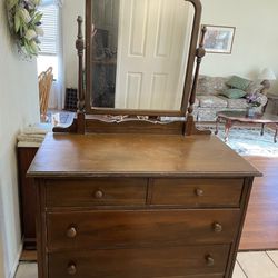 Antique Wood Dresser With Adjustable Tilt Mirror