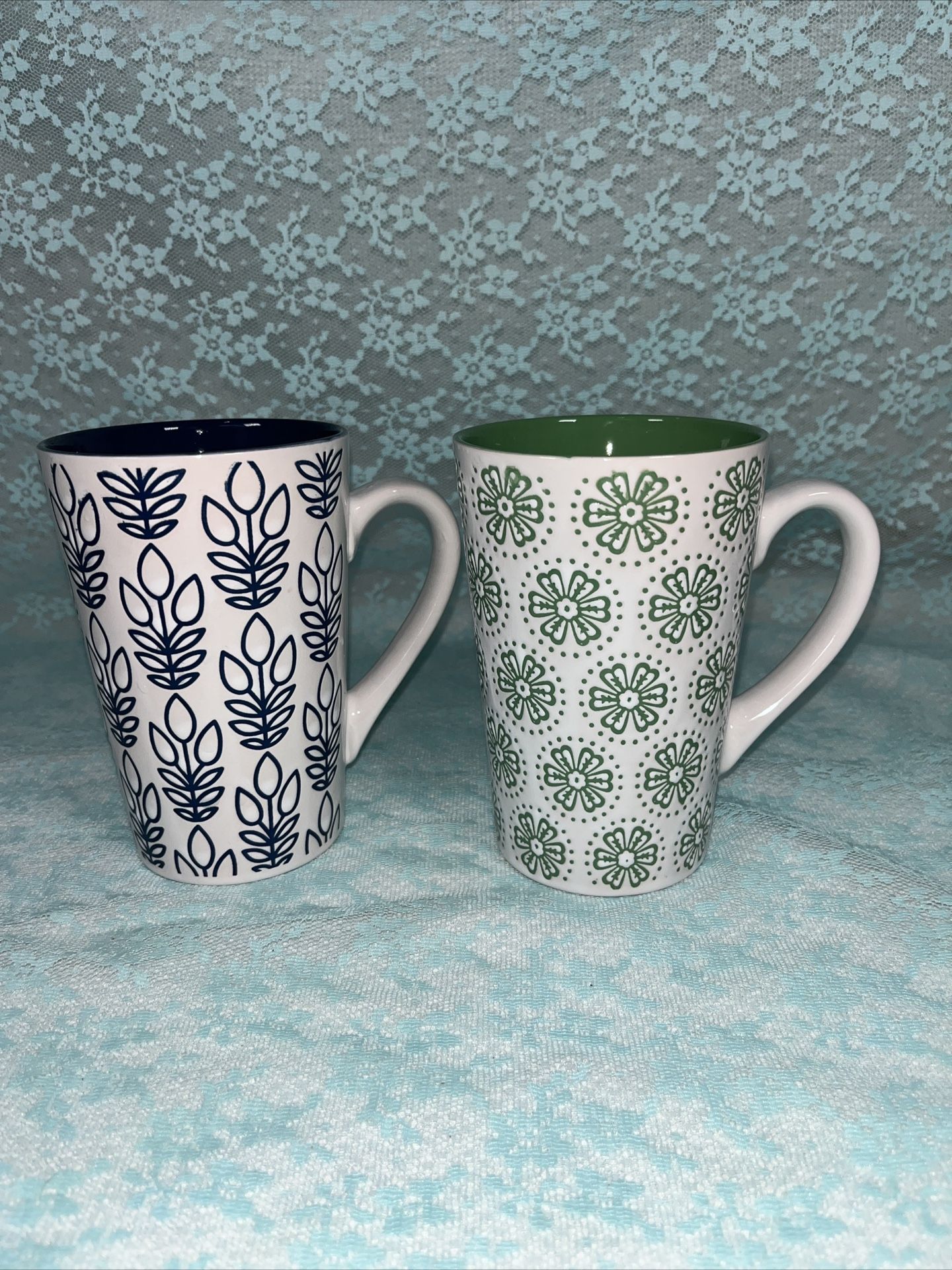 2 Floral, Green & White, Blue & White, Graydon Hall, Tall, Porcelain Coffee Mugs.