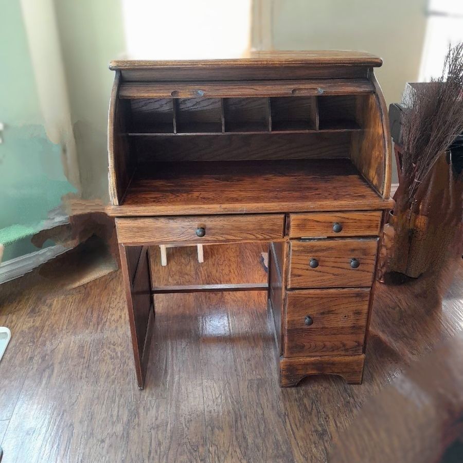 Antique Roll-Top Solid Wood Writing Desk With Drawers 46" Tall x 36" Wide x 20" Deep $800