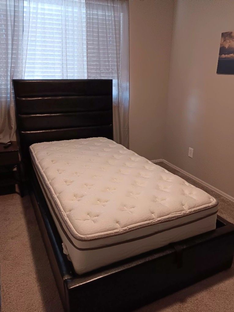 XL Twin-size Mattress and Frame With Headboard & Storage Underneath