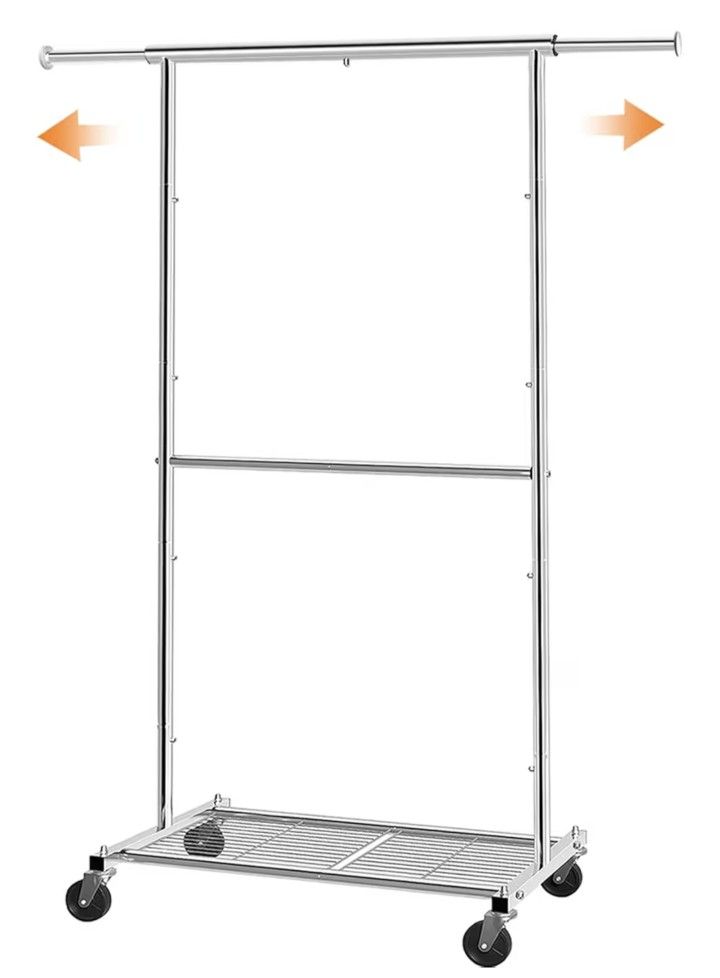  Trending Standard Clothing Garment Rack, Rolling Clothes Organizer with Wheels and Bottom Shelves, Extendable, Chrome