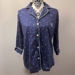 Lauren Ralph Lauren Women’s Pajama Top Size M Button Blu Polka Dot 3/4 sleeve
