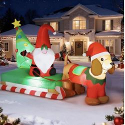 Long Gnome on Sleigh Christmas Inflatable with Dachshund Weiner Dog Blow $40