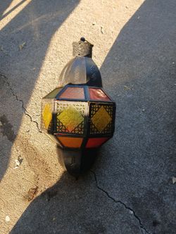 Decorative Moorish Metal and Multicolored Stained Glass Hanging Latern