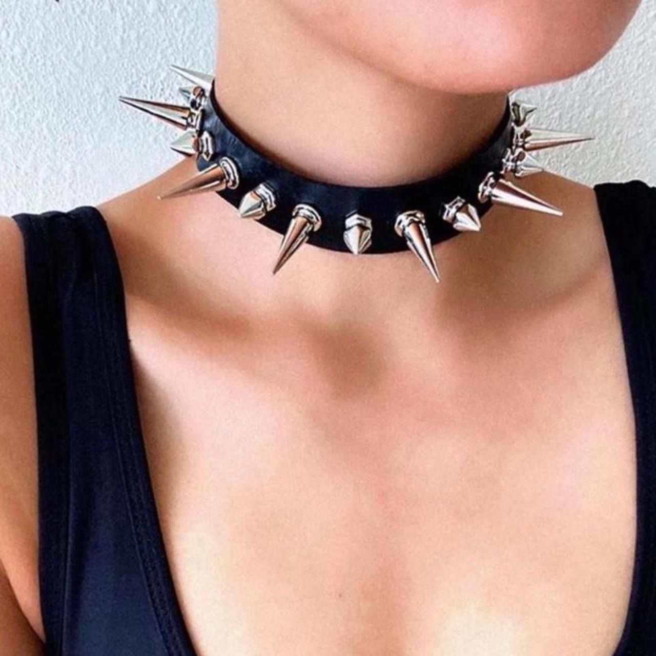Extra Long Silver Spikes Punk Style Choker Faux Leather necklace Unisex Women Men collar Goth necklace / Faux leather  silver Spikes - Boho Tribal