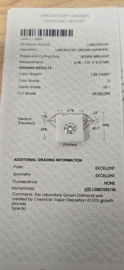 Round 1.23 carat-Laboratory grown diamond (IGI)