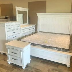 Bed Frame Chest Of Drawers Dresser Nightstand/ Queen Size White Color Bedroom Set Of 7 Pieces 