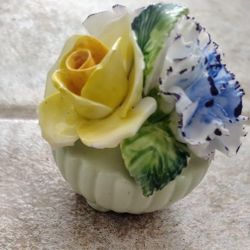 Ceramic Flower Figurine Yellow Rose Blue Flower
