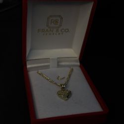 14k Solid Gold Yellow Nugget Heart Pendant Necklace Figaro Chain - Small