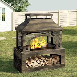 2061c  37" Fire Pits, Wood Burning Fireplace for Outside Rectangular Chiminea Outdoor Firepits with Poker, Wood Storage, Rain Cover and Removable Fire