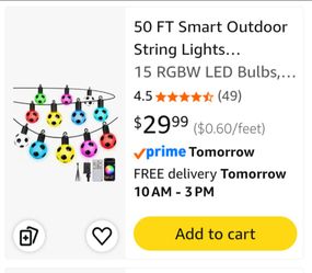 50 FT Smart Outdoor String Lights Waterproof
15 RGBW LED Bulbs,Smart App & Remote Control, Timer Music Sync, 16 Million Colors,Soccer Decorations