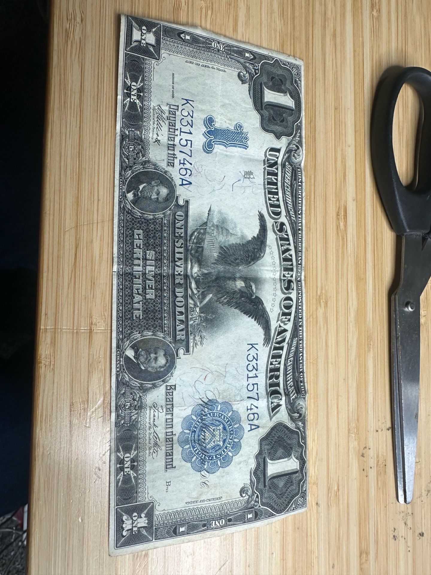 Series KA 1899 $1 United States Silver Certificate, commonly referred to as a "Black Eagle" note due to the prominent eagle vignette