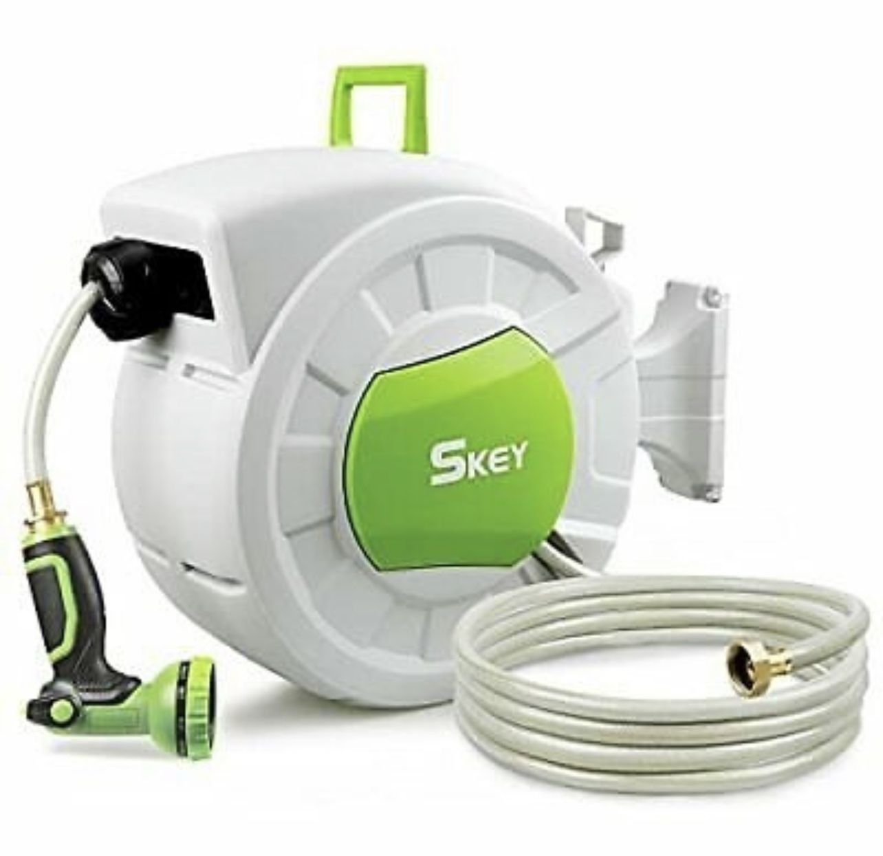 SKEY Hose Reel , 1/2 In. X 100ft Retractable Garden Hose Reel . Wall Mount With 10 Pattern Hose Nozzle Auto Rewind Any Length Lock / 180* Swivel Brack