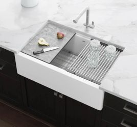 Ruvati epiCast 33" Farmhouse Single Basin Granite Composite Kitchen Sink with Basin Rack, Basket Strainer and Cutting Board