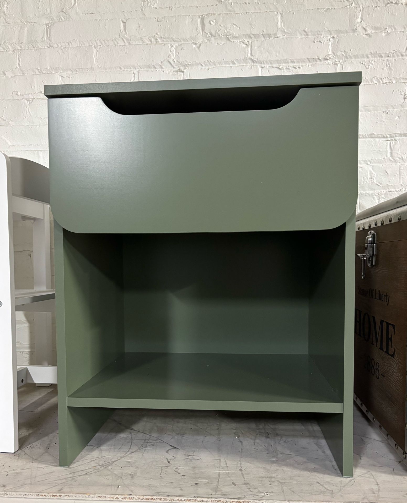 New Green Nightstand with Drawer and Storage Cubbie