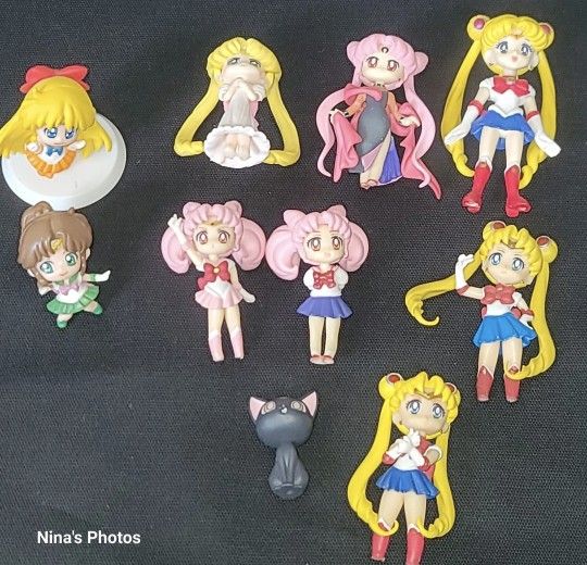 9 Sailor Moon Mini Figure Lot Chibi Petit Chara Anime Black Lady Luna Atsumete