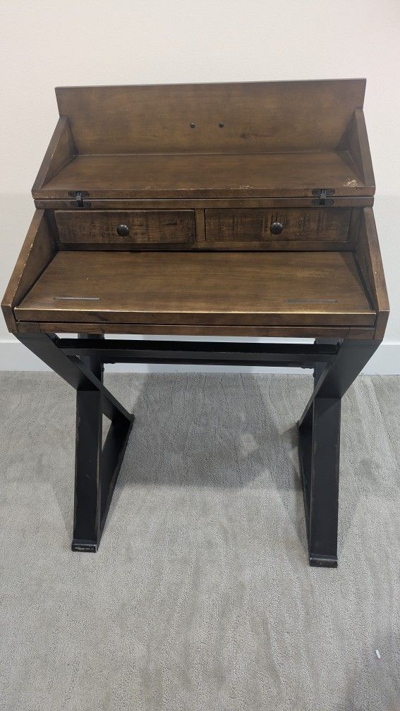 Distressed Antique Cognac and Black Wood Secretary Desk