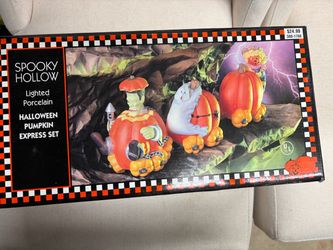 Spooky Hollow Lighted Porcelain Halloween Pumpkin Express Set