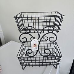 New French Country Black Tabletop 2 Tier Metal  Fruit Basket  16" H x 11 1/2" W x 8 " D