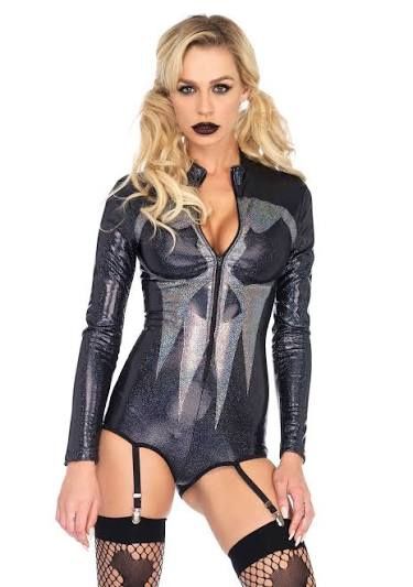 Shimmer Iridescent Skull Garter Bodysuit Women’s Halloween Costume 