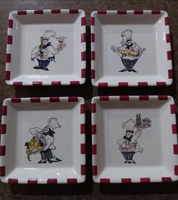 Set Of 4 Sonoma Bordeau Cafe 6" square cocktail places featuring whimsical French chefs
