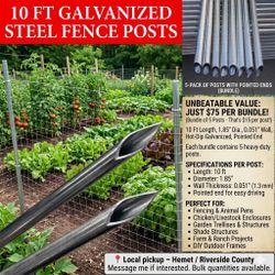10 FT Galvanized Steel Fence Posts – Pointed Ends – 5-Pack