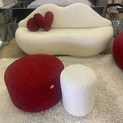 Kiss 💋 Ivory Boucle Loveseat w/ Round Ottoman & Stool