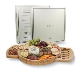 Bamboo Cheese Board and Knife Set, Round Wooden Cheese Board with Utensils