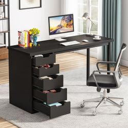 Havrvin 47 in. Rectangular Black 5-Drawer Computer Desk, Modern Study Writing Table for Home Office