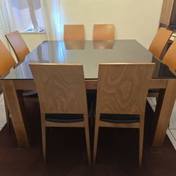Dining Table Set - Black & Wooden Glass Top Square & 8 Chairs, 55"X55" chairs 37" tall
