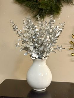 Beautiful Sparkly Silver Decor in White Vase 17”
