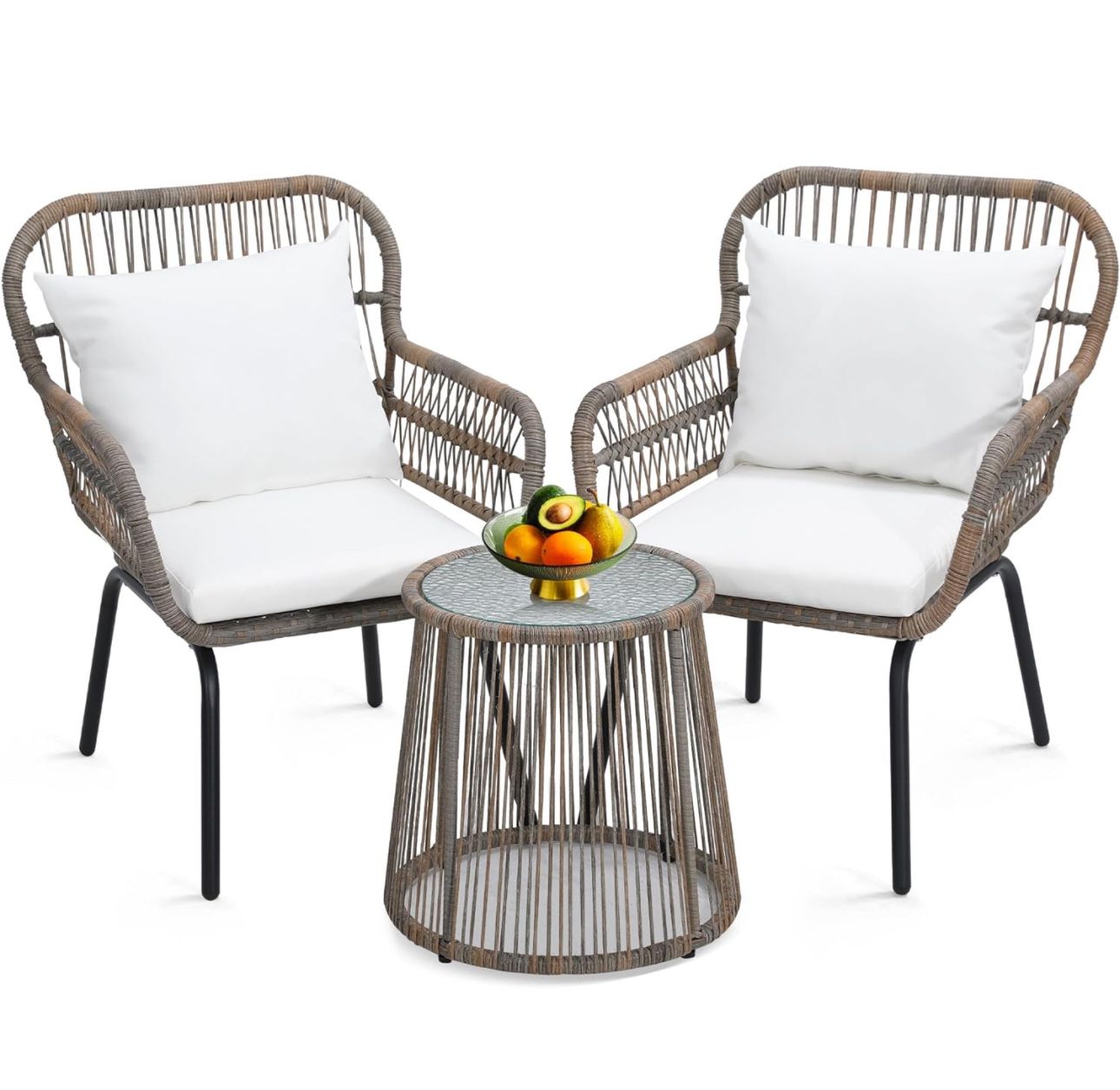 3 Pieces Rattan Wicker Bistro Set, Outdoor Conversation Set, Wicker Furniture Set with Glass Top Table, Space Saving for Balcony, Backyard, Natural