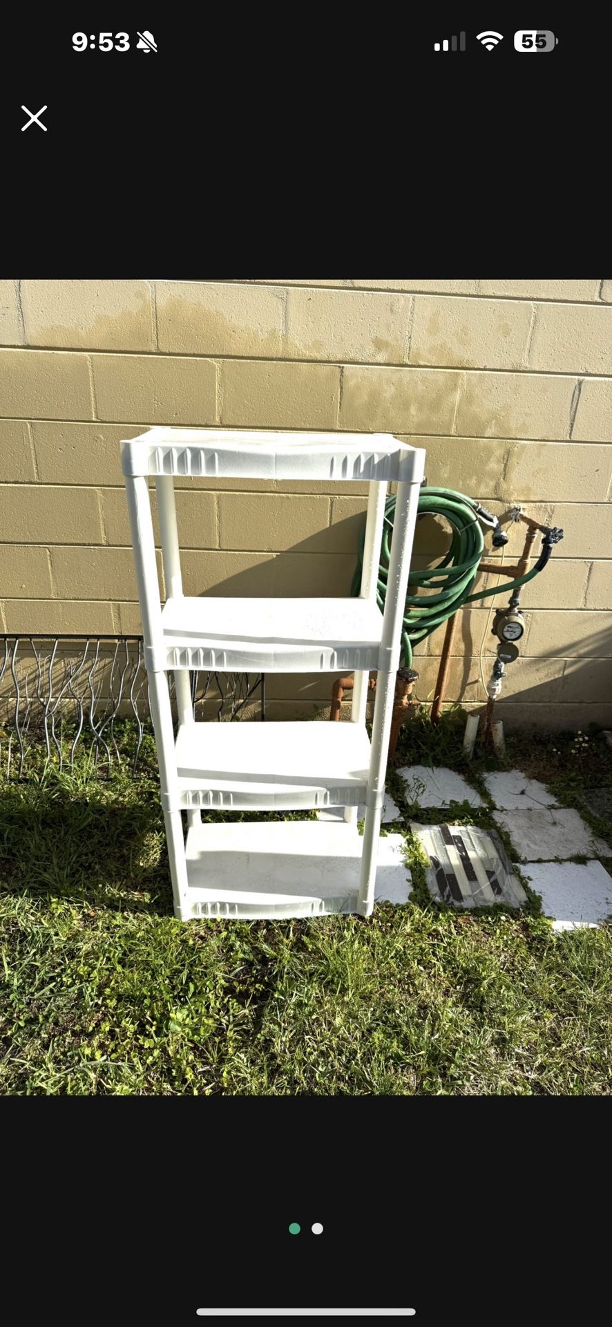 Plastic outdoor shelving great for a garage or laundry room