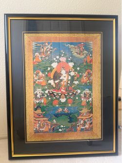Large Framed Vintage Tibetan Thangka Art – 29" x 37"