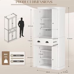 ✌️ 72" Pantry Cabinets Freestanding Food Kitchen Pantry Storage Cabinet Cupboard with Drawer and Adjustable Shelves，White (Vertical bar Drawing Slot