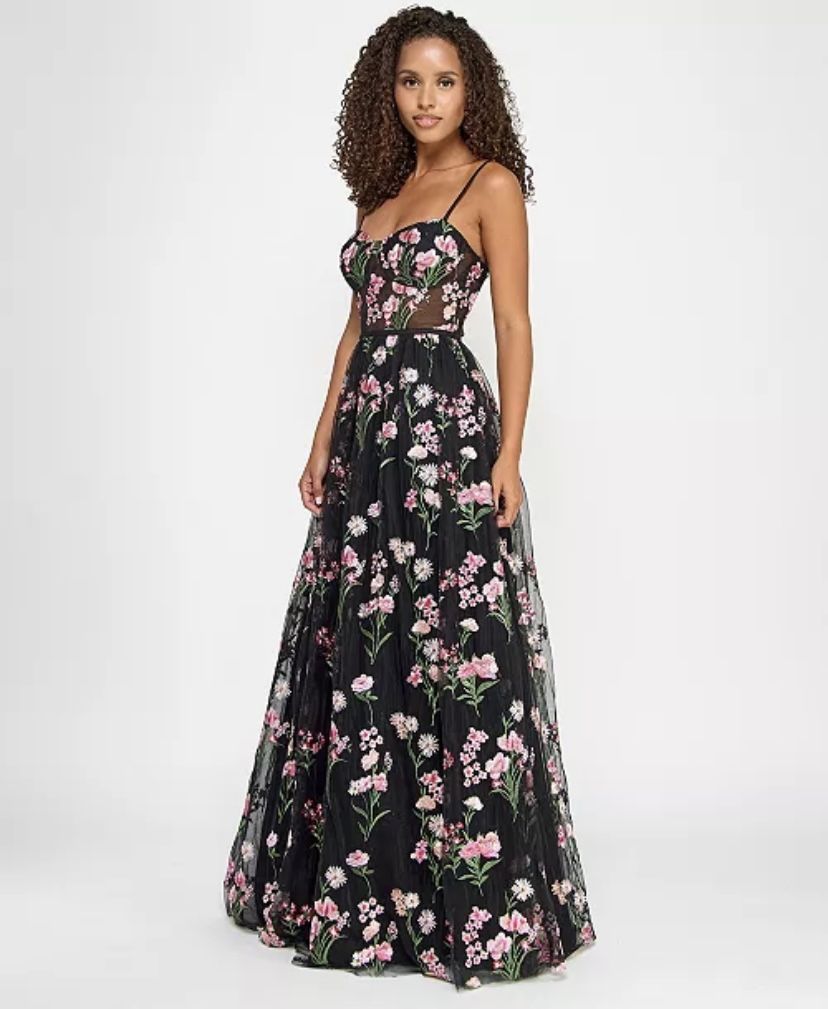 Floral-Embroidered Tulle Ballgown