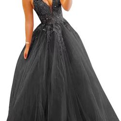 Rjer Women's Lace Tulle Prom Dresses V Neck Ball Gowns Long A Line Formal Evening Gowns 