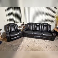 3 Pieces Black Breathing Leather Recliner Sofa Set