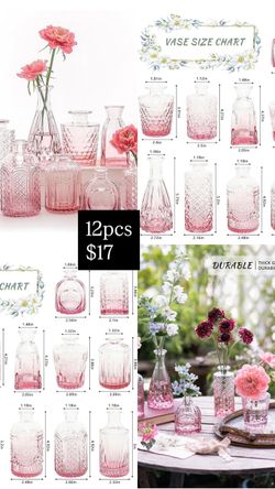 New 12pcs Glass Bud Vases Set Pink Small Flower Vases