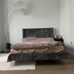 modern gray velvet bed frame w/ gold legs – queen – pickup only