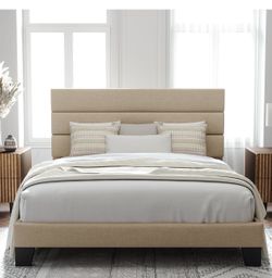Queen Upholstered Bed Frame & Zinus 14" Hybrid Mattress Set
