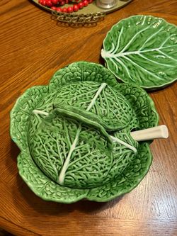 Vintage Majolica Cabbage Leaf serving dishes +  Soup Bowl Faiancas Belo Portugal